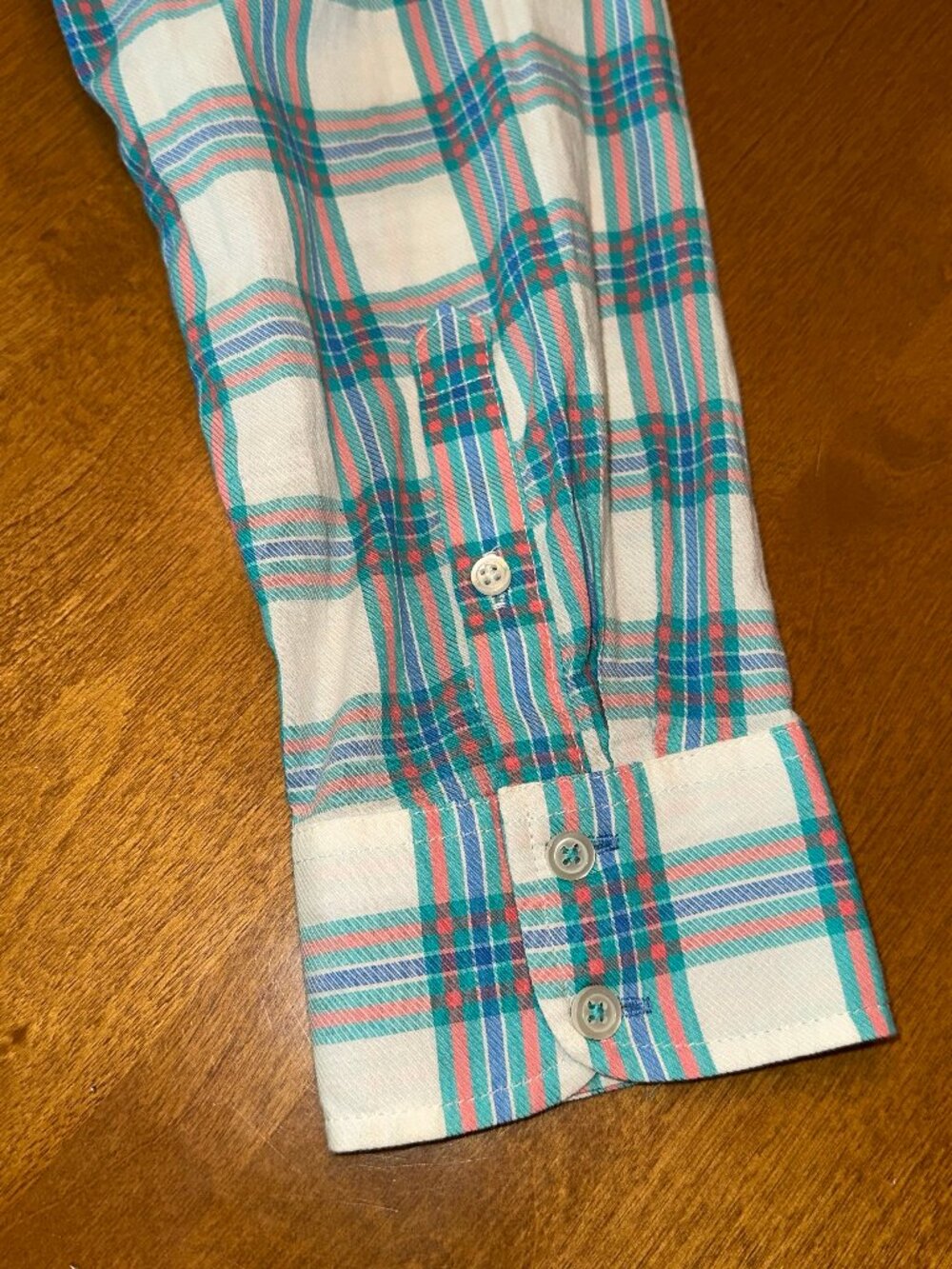 Talbots plaid longsleeve button down, turq, coral, dark green, white base, W Med - Picture 4 of 7